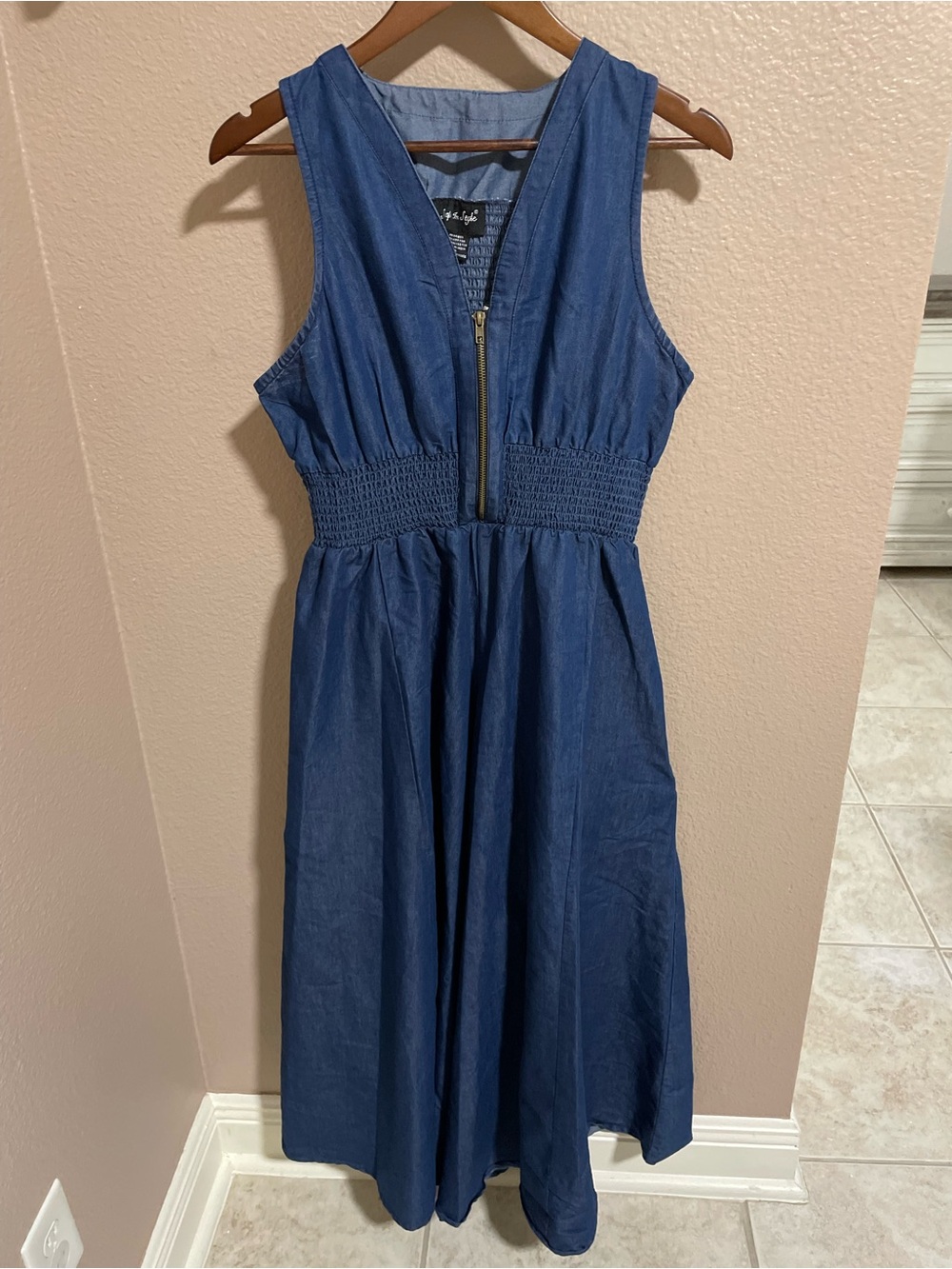 Step In Style Sleeveless Navy Blue Midi Denim Dress with Front Zip